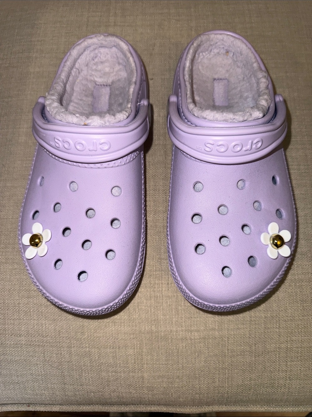 CROCS Lavender Fuzzy Lined Clogs with Daisy Jibbitz